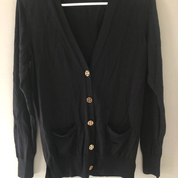 Tory Burch Navy Blue 100% Merino Wool V-Neck Cardigan Small Gold Logo Buttons - Picture 6 of 10
